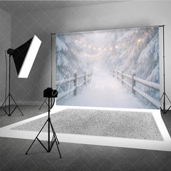Aperturee - Aperturee Enchanting Winter Forest Photography Backdrop with Snow Covered Pine Trees Rustic Fence and Warm Fairy Lights