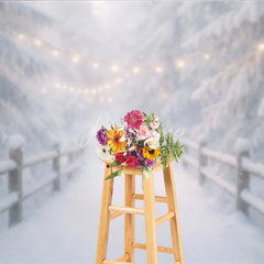 Aperturee - Aperturee Enchanting Winter Forest Photography Backdrop with Snow Covered Pine Trees Rustic Fence and Warm Fairy Lights
