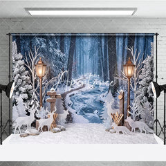 Aperturee - Aperturee Enchanting Winter Forest Photography Backdrop with Snow Frozen Stream Street Lamps Deer for Christmas Holiday
