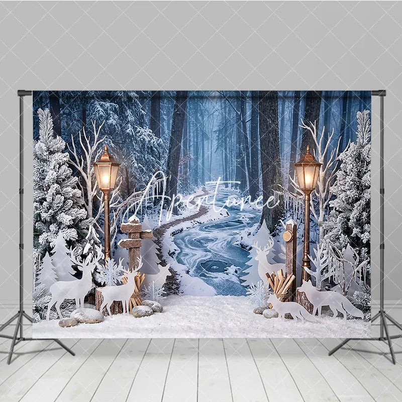 Aperturee - Aperturee Enchanting Winter Forest Photography Backdrop with Snow Frozen Stream Street Lamps Deer for Christmas Holiday