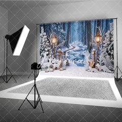 Aperturee - Aperturee Enchanting Winter Forest Photography Backdrop with Snow Frozen Stream Street Lamps Deer for Christmas Holiday