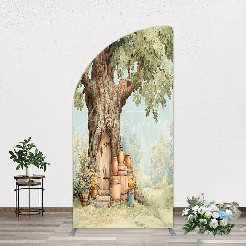 Aperturee - Aperturee Enchanting Woodland Tree House Half Moon Arch Backdrop Rustic Fairytale Door and Green Foliage Decor