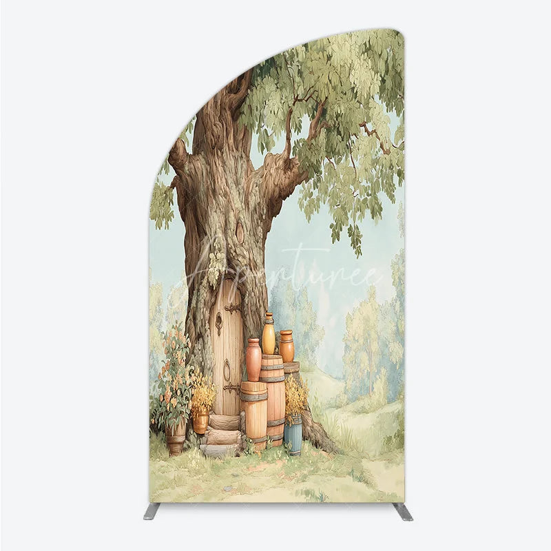 Aperturee - Aperturee Enchanting Woodland Tree House Half Moon Arch Backdrop Rustic Fairytale Door and Green Foliage Decor