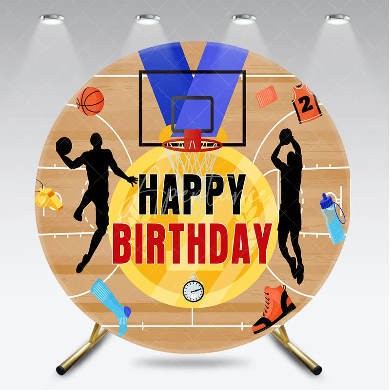 Aperturee - Aperturee Energetic Basketball Court Happy Birthday Round Backdrop featuring Player Silhouettes and Sports Theme Party Decor