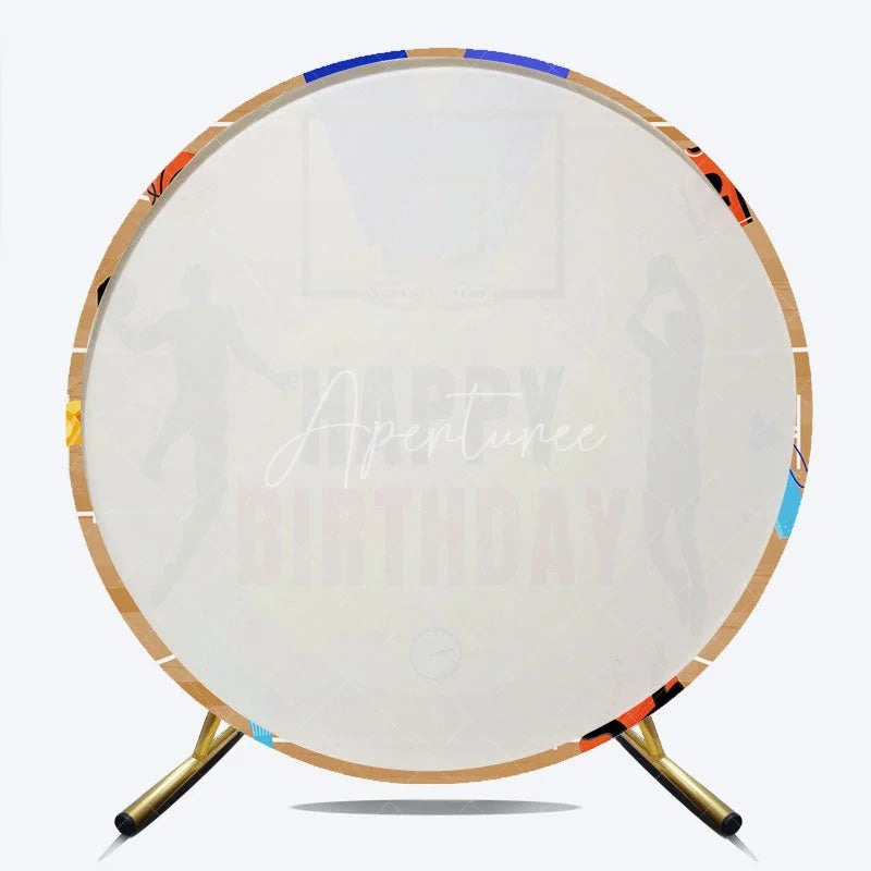 Aperturee - Aperturee Energetic Basketball Court Happy Birthday Round Backdrop featuring Player Silhouettes and Sports Theme Party Decor