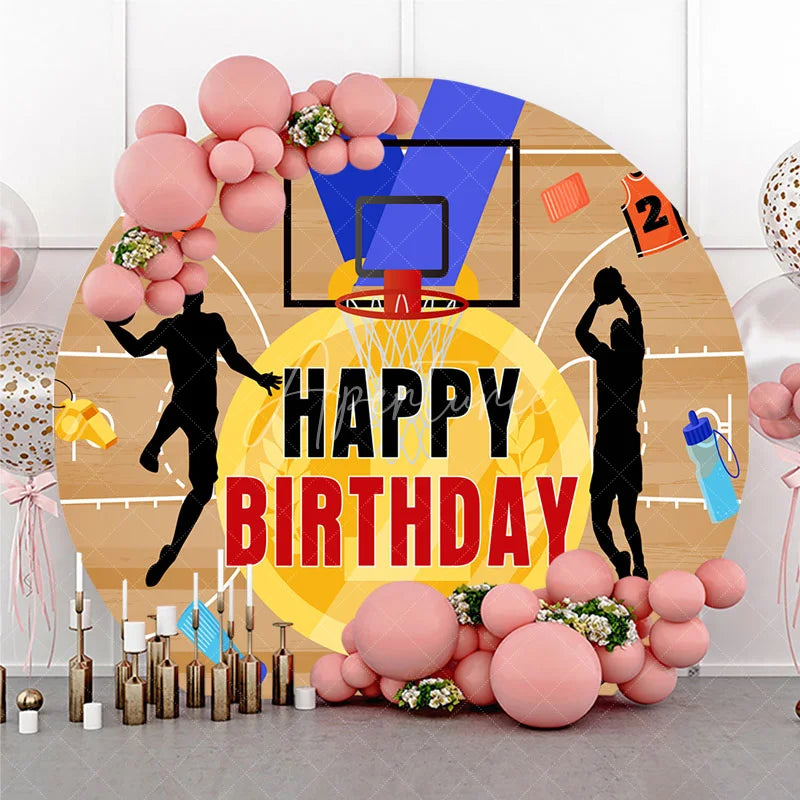 Aperturee - Aperturee Energetic Basketball Court Happy Birthday Round Backdrop featuring Player Silhouettes and Sports Theme Party Decor