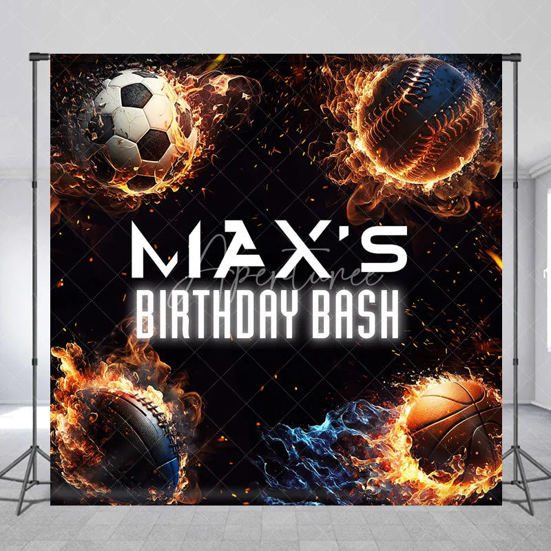 Aperturee - Aperturee Energetic Custom Sports Balls Fire Birthday Bash Backdrop with Personalized Name Dynamic Party Decoration