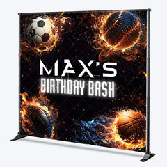 Aperturee - Aperturee Energetic Custom Sports Balls Fire Birthday Bash Backdrop with Personalized Name Dynamic Party Decoration