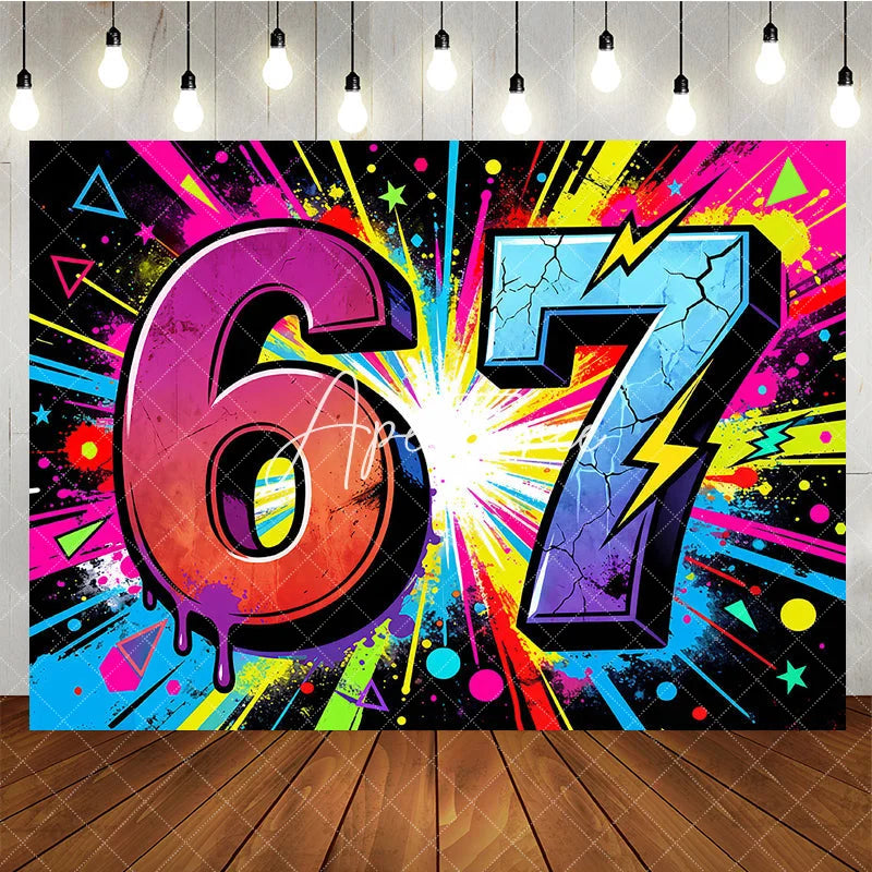 Aperturee - Aperturee Energetic Neon Graffiti 7th Birthday Backdrop with Vibrant Paint Splatter and Lightning Bolts Party Decor