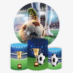 Aperturee - Aperturee Energetic Soccer Player Kicking Flaming Ball Round Backdrop Kit Stadium and Golden Trophy Pedestals for Sports Party