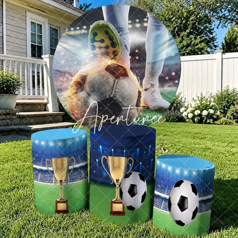 Aperturee - Aperturee Energetic Soccer Player Kicking Flaming Ball Round Backdrop Kit Stadium and Golden Trophy Pedestals for Sports Party