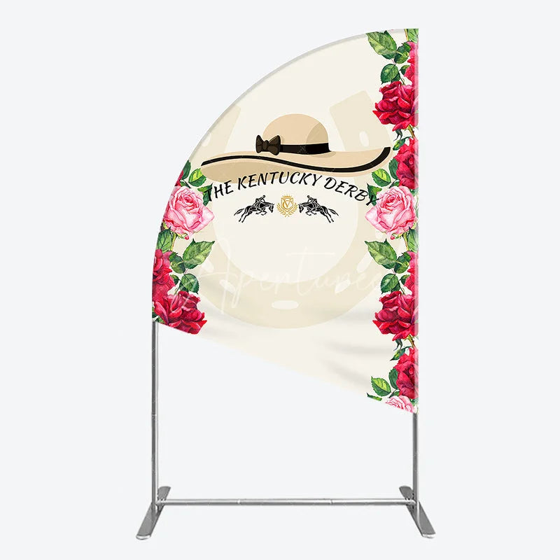 Aperturee - Aperturee Equestrian Race Day Half Moon Arch Backdrop with Elegant Hat Horse Silhouettes and Vibrant Red Roses