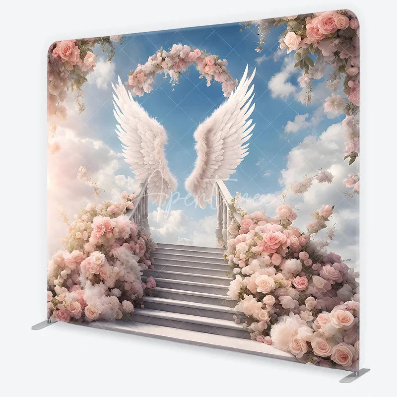 Aperturee - Aperturee Ethereal Angel Wings Pink Rose Stairway Square Double-Sided Backdrop Heavenly Wedding Party Decor