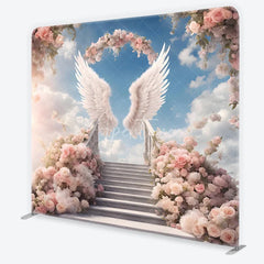 Aperturee - Aperturee Ethereal Angel Wings Pink Rose Stairway Square Double-Sided Backdrop Heavenly Wedding Party Decor
