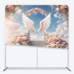 Aperturee - Aperturee Ethereal Angel Wings Pink Rose Stairway Square Double-Sided Backdrop Heavenly Wedding Party Decor