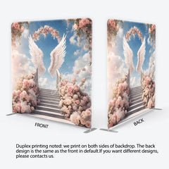 Aperturee - Aperturee Ethereal Angel Wings Pink Rose Stairway Square Double-Sided Backdrop Heavenly Wedding Party Decor