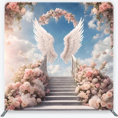 Aperturee - Aperturee Ethereal Angel Wings Pink Rose Stairway Square Double-Sided Backdrop Heavenly Wedding Party Decor