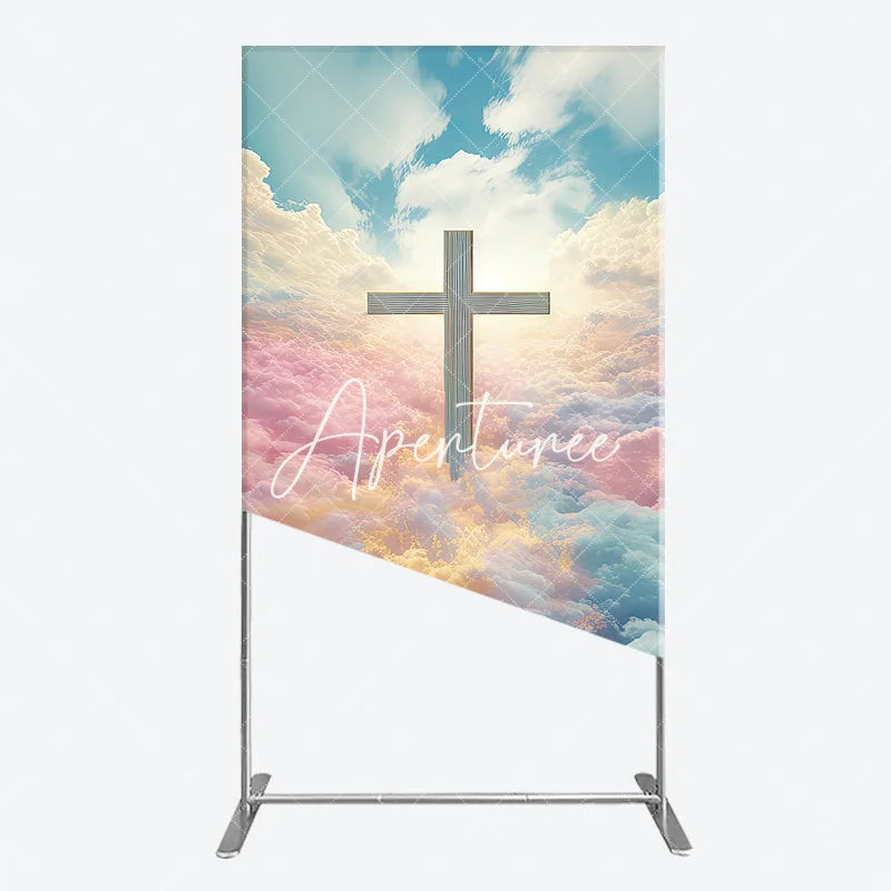 Aperturee - Aperturee Ethereal Cross with Pastel Clouds and Heavenly Sky Rectangle Arch Backdrop Spiritual Serene Decor for Events