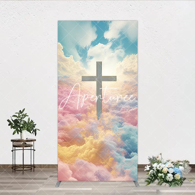 Aperturee - Aperturee Ethereal Cross with Pastel Clouds and Heavenly Sky Rectangle Arch Backdrop Spiritual Serene Decor for Events