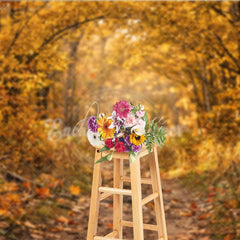 Aperturee - Aperturee Ethereal Golden Autumn Forest Photography Backdrop Sunlit Path with Falling Leaves for Seasonal Portraits