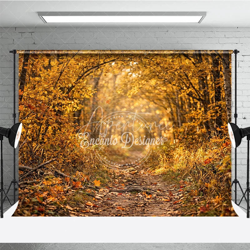 Aperturee - Aperturee Ethereal Golden Autumn Forest Photography Backdrop Sunlit Path with Falling Leaves for Seasonal Portraits