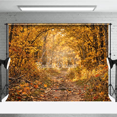 Aperturee - Aperturee Ethereal Golden Autumn Forest Photography Backdrop Sunlit Path with Falling Leaves for Seasonal Portraits