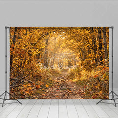 Aperturee - Aperturee Ethereal Golden Autumn Forest Photography Backdrop Sunlit Path with Falling Leaves for Seasonal Portraits