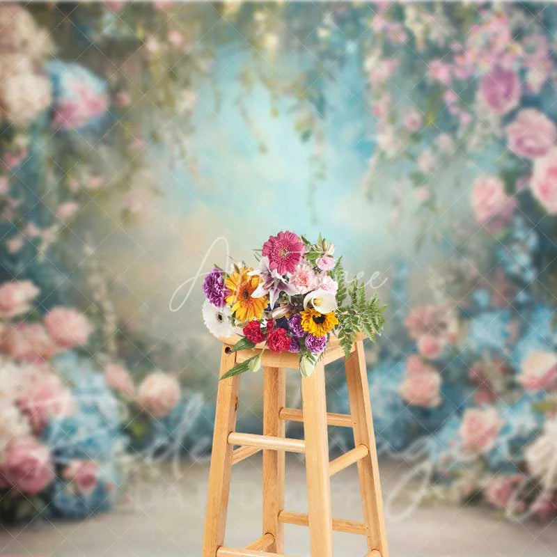 Aperturee - Aperturee Ethereal Pink Roses Blue Hydrangeas Floral Garden Spring Photography Backdrop Wedding Baby Shower