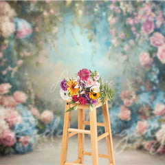 Aperturee - Aperturee Ethereal Pink Roses Blue Hydrangeas Floral Garden Spring Photography Backdrop Wedding Baby Shower