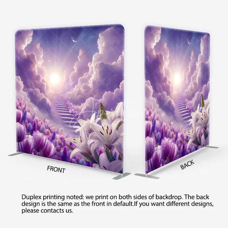 Aperturee - Aperturee Ethereal Purple Cloud Heavenly Stairway Square Double-Sided Backdrop Dreamy Floral Garden Photography