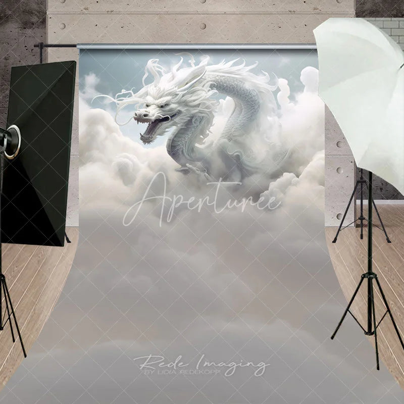 Aperturee - Aperturee Ethereal White Dragon in Clouds Photography Backdrop Mythical Fantasy Portrait Background