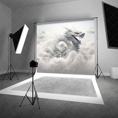 Aperturee - Aperturee Ethereal White Dragon Photography Backdrop Majestic Mythical Creature in Heavenly Clouds and Mountains
