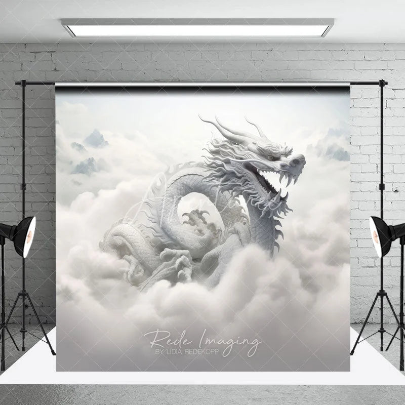 Aperturee - Aperturee Ethereal White Dragon Photography Backdrop Majestic Mythical Creature in Heavenly Clouds and Mountains
