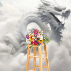 Aperturee - Aperturee Ethereal White Dragon Photography Backdrop Majestic Mythical Creature in Heavenly Clouds and Mountains