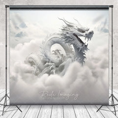 Aperturee - Aperturee Ethereal White Dragon Photography Backdrop Majestic Mythical Creature in Heavenly Clouds and Mountains