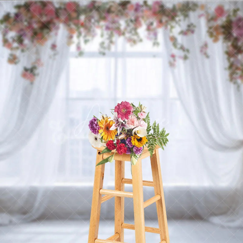 Aperturee - Aperturee Ethereal White Sheer Curtain and Floral Window Photography Backdrop Romantic Wedding Baby Shower Portrait