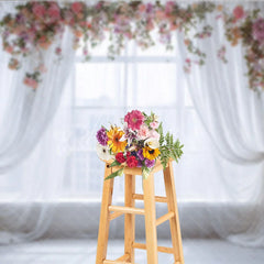 Aperturee - Aperturee Ethereal White Sheer Curtain and Floral Window Photography Backdrop Romantic Wedding Baby Shower Portrait
