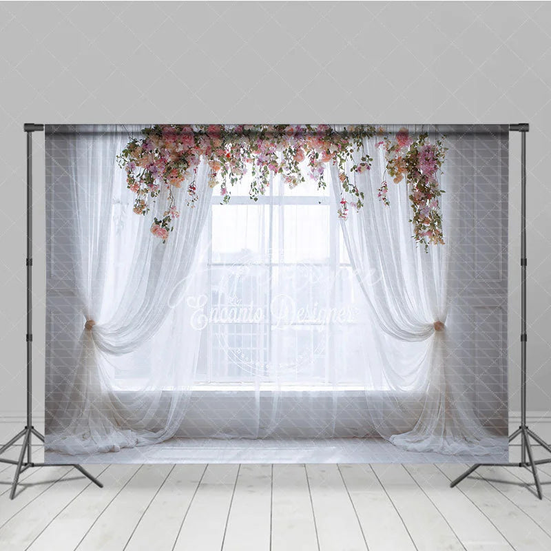 Aperturee - Aperturee Ethereal White Sheer Curtain and Floral Window Photography Backdrop Romantic Wedding Baby Shower Portrait