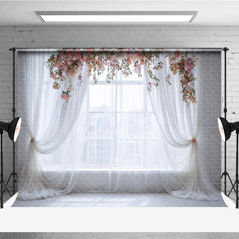 Aperturee - Aperturee Ethereal White Sheer Curtain and Floral Window Photography Backdrop Romantic Wedding Baby Shower Portrait