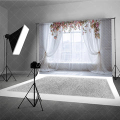 Aperturee - Aperturee Ethereal White Sheer Curtain and Floral Window Photography Backdrop Romantic Wedding Baby Shower Portrait