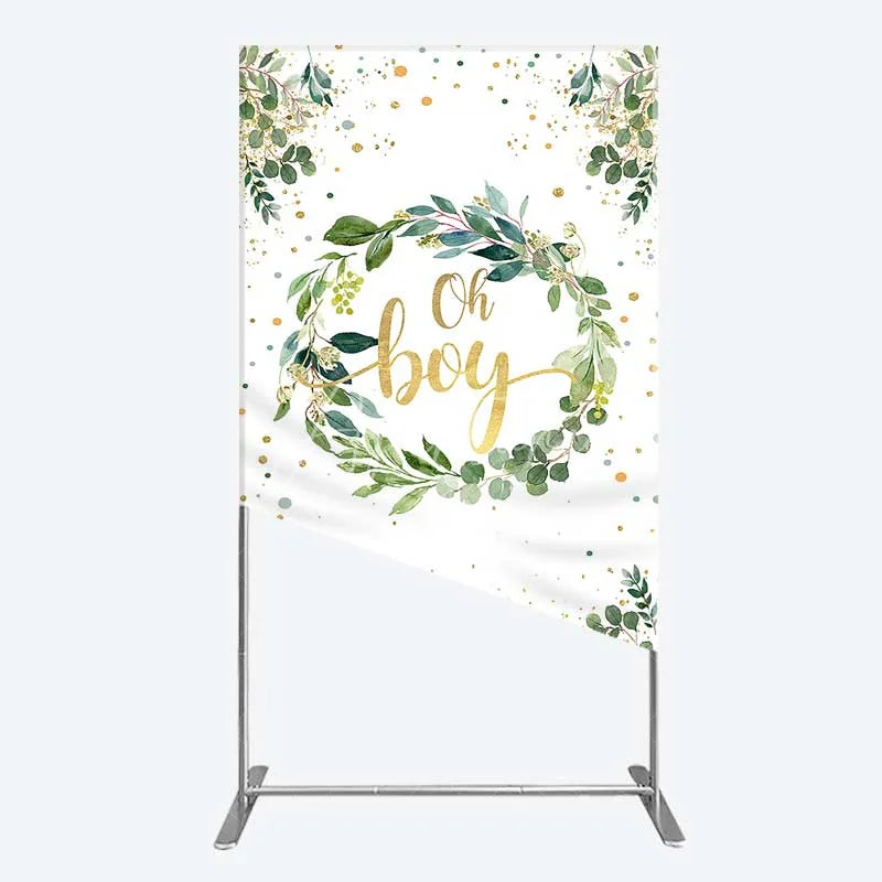 Aperturee - Aperturee Eucalyptus Wreath Oh Boy Rectangle Backdrop Greenery and Gold Glitter Baby Shower Decoration