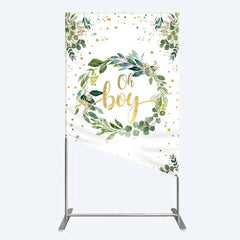 Aperturee - Aperturee Eucalyptus Wreath Oh Boy Rectangle Backdrop Greenery and Gold Glitter Baby Shower Decoration