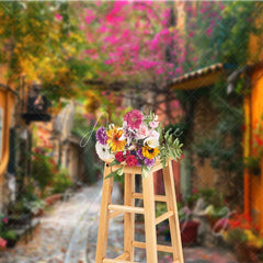 Aperturee - Aperturee European Town Street Backdrop Colorful Stone Houses and Pink Floral Bougainvillea Photography Background for Travel