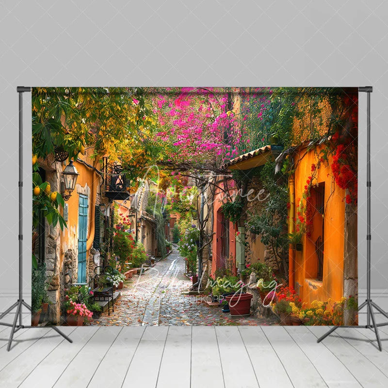 Aperturee - Aperturee European Town Street Backdrop Colorful Stone Houses and Pink Floral Bougainvillea Photography Background for Travel