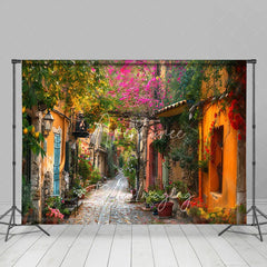 Aperturee - Aperturee European Town Street Backdrop Colorful Stone Houses and Pink Floral Bougainvillea Photography Background for Travel