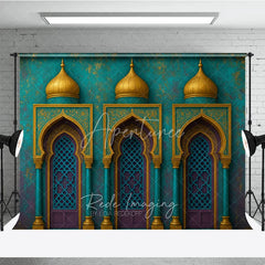 Aperturee - Aperturee Exotic Moroccan Architecture Photography Backdrop with Ornate Arches Golden Domes and Teal Accents