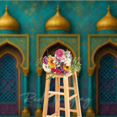 Aperturee - Aperturee Exotic Moroccan Architecture Photography Backdrop with Ornate Arches Golden Domes and Teal Accents