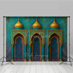 Aperturee - Aperturee Exotic Moroccan Architecture Photography Backdrop with Ornate Arches Golden Domes and Teal Accents