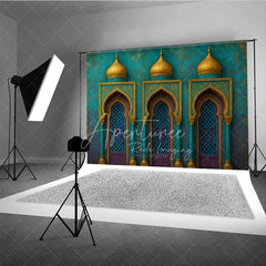 Aperturee - Aperturee Exotic Moroccan Architecture Photography Backdrop with Ornate Arches Golden Domes and Teal Accents