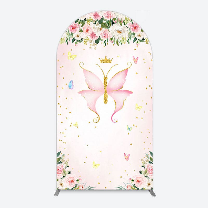 Aperturee - Aperturee Fairy Floral Pink Butterfly Birthday Arch Backdrop